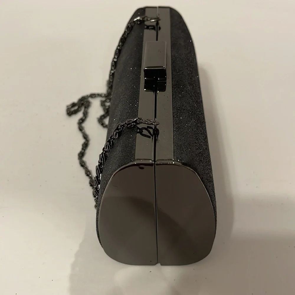 Clutch Purse Black Sparkle with Hideaway Metal Fancy Shoulder Strap. - Picture 9 of 9